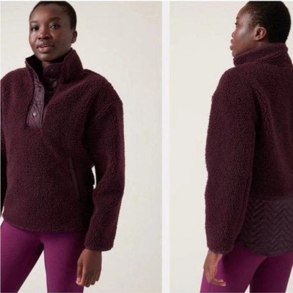 NWT Athleta Cozy Sherpa Pull Over Snap Sweater Pockets. Maroon - Picture 2 of 6